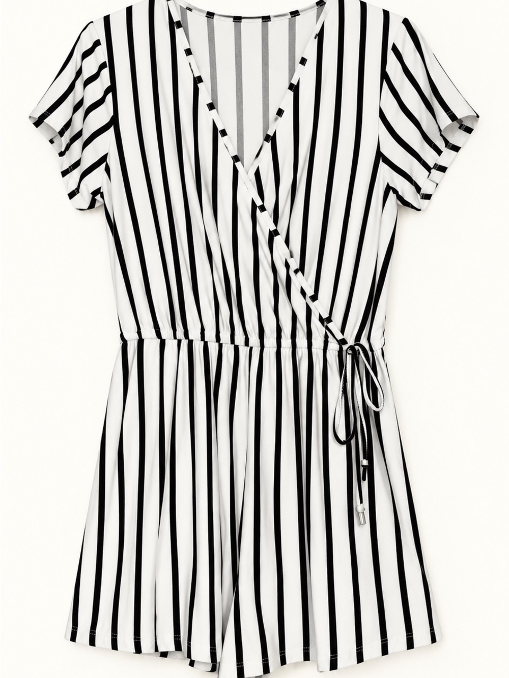 J for Justify Black and White Vertical Stripe Wrap-Style One-Piece